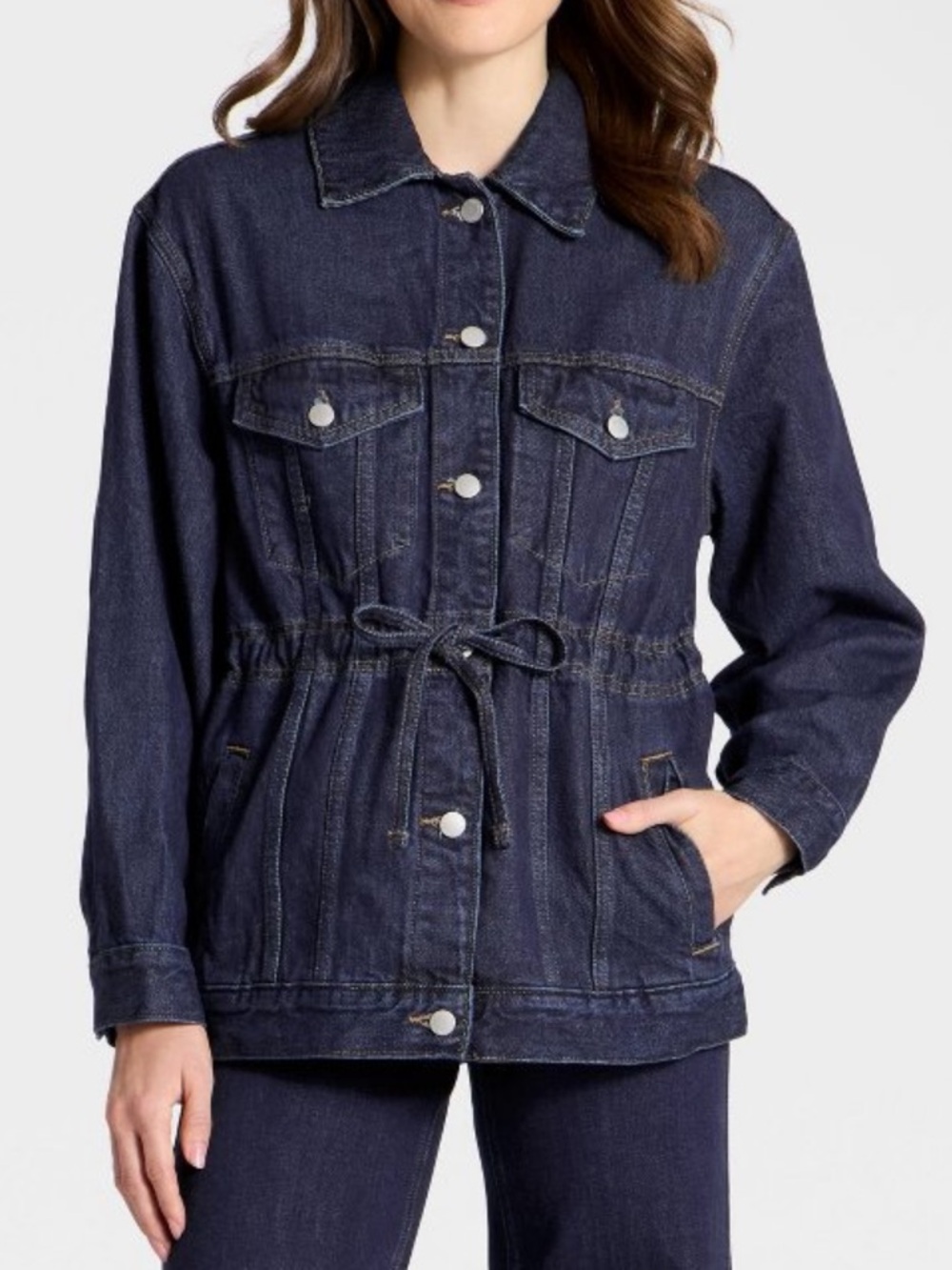 Woman's Classic Dark Blue Denim Jacket with Drawstring Waist